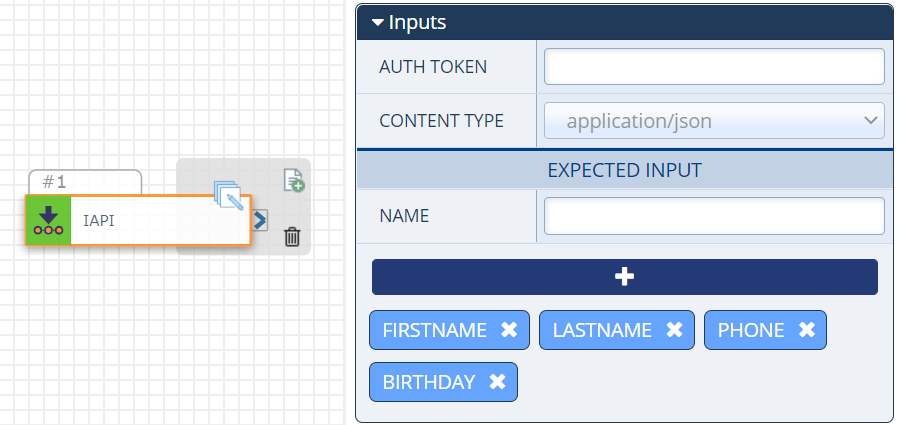 On the left is the Inbound API action on the board, and on the right is the Inputs section of the Configurations Panel for the Inbound API action with four sample Expected Inputs added